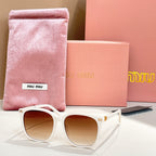 MiuMiu sunglasses with white frame and light brown lenses, with pink storage pouch