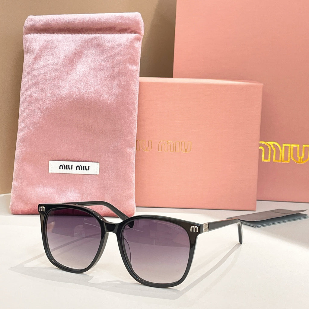 MiuMiu sunglasses with black frame and dark lenses, with pink storage pouch