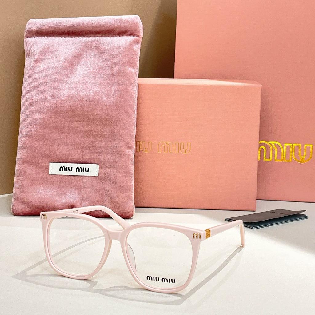 White full-rim eyeglasses with pink velvet pouch and case