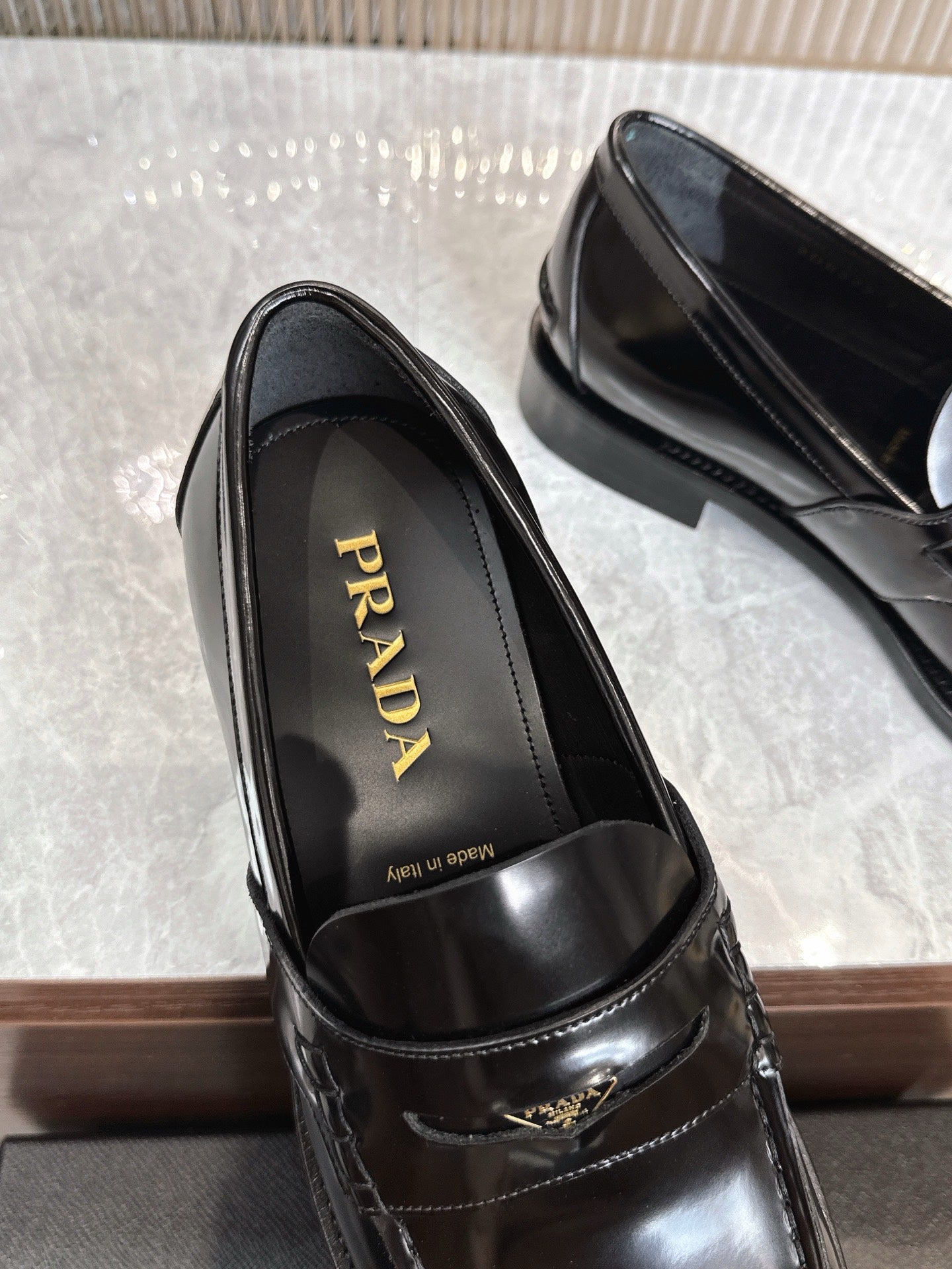 Prada unisex loafer, black leather with PRADA logo on insole