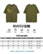 T-shirt size chart with XS–L measurements and size conversions