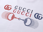 White short-sleeve T-shirt with red, blue and black graphic print