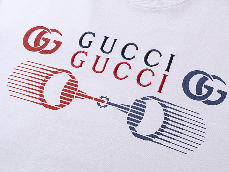 White short-sleeve T-shirt with red, blue and black graphic print