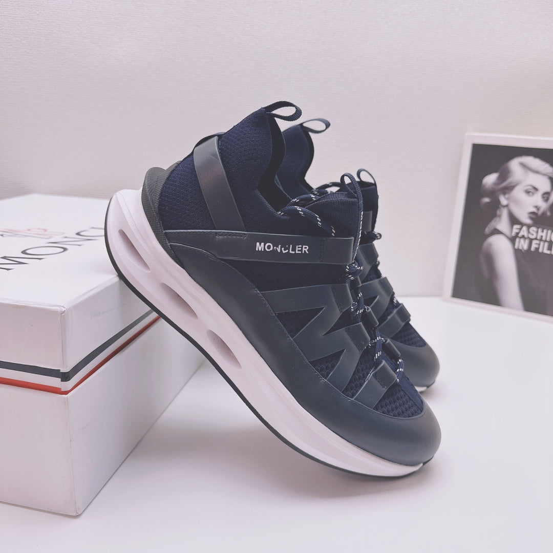 Moncler lace-up sneaker in dark blue with athletic outsole and side logo