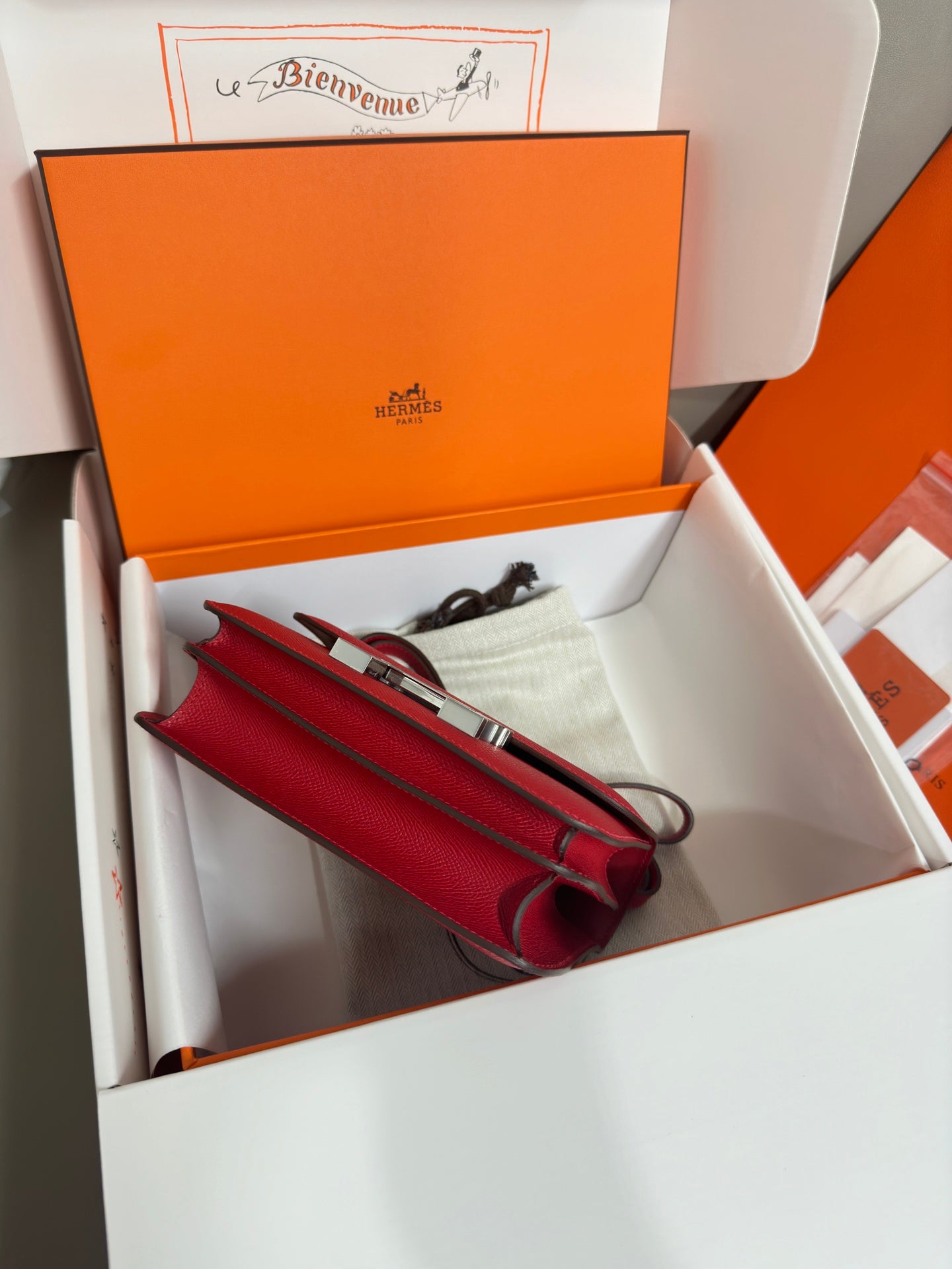 Hermes red leather bag with long strap