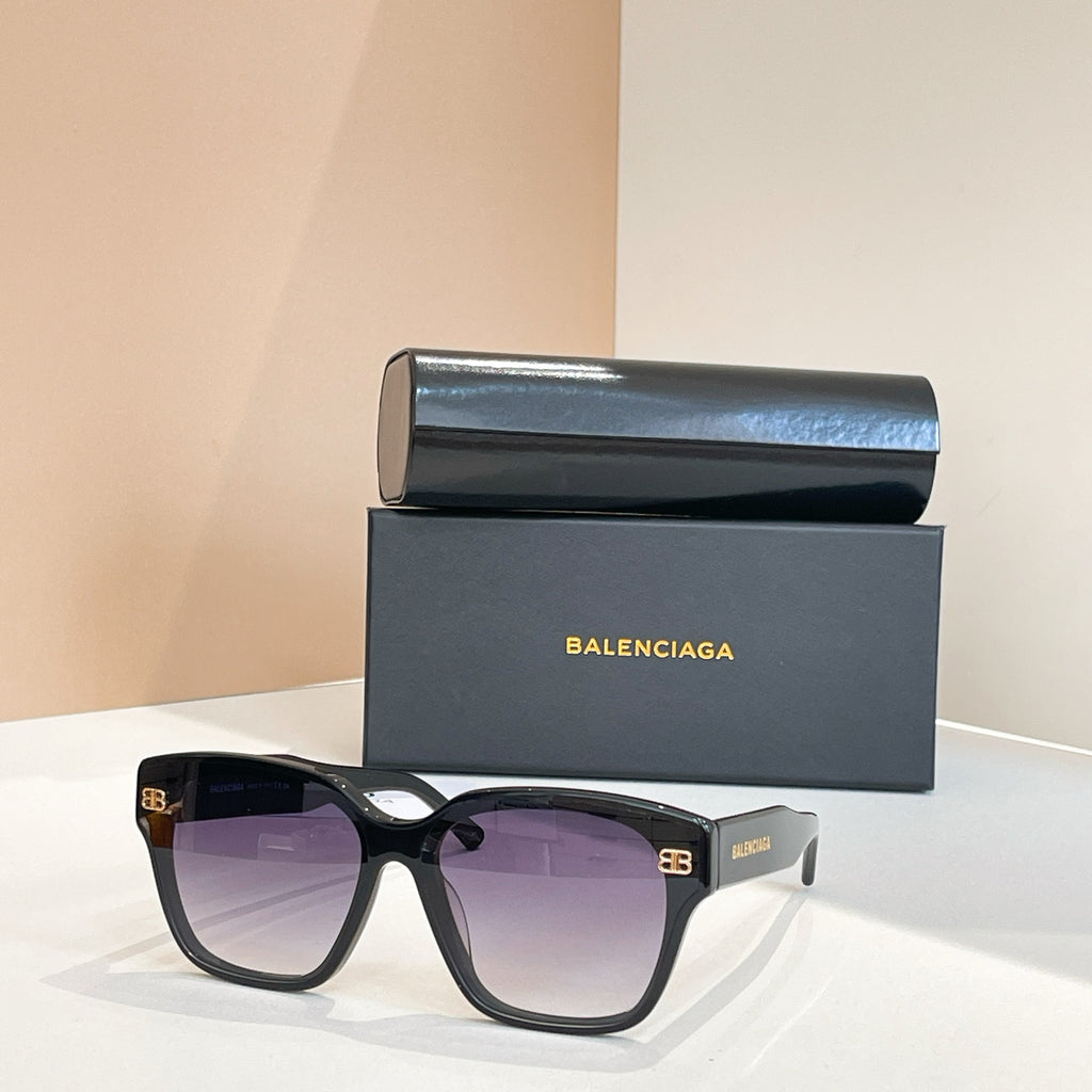 Square sunglasses with black frames and purple-tinted lenses