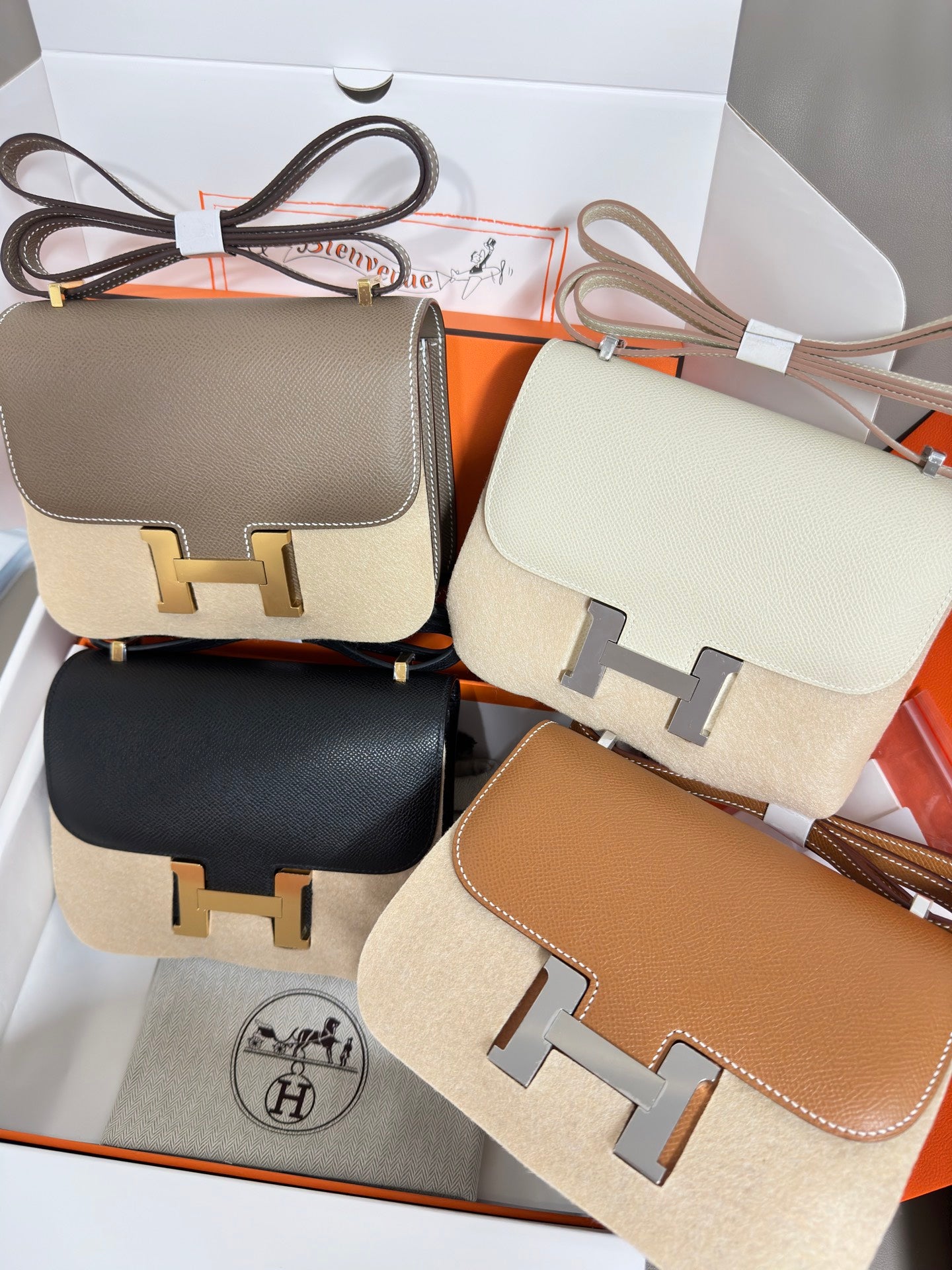 Hermes crossbody bags set with grey and cream top bags plus black and tan styles
