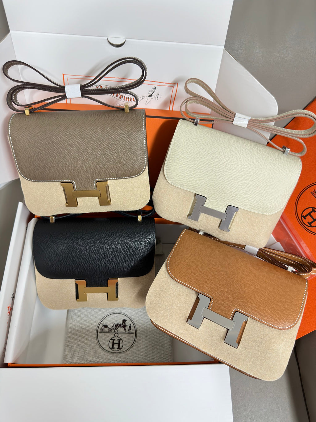 Hermes crossbody bags set with grey, cream, black, and tan flap bags and H hardware