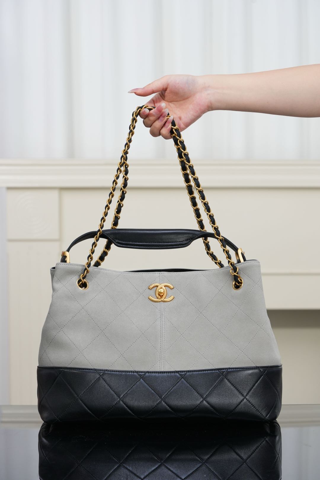 Chanel bag with quilted two-tone body, gold chain handles, front logo medallion.
