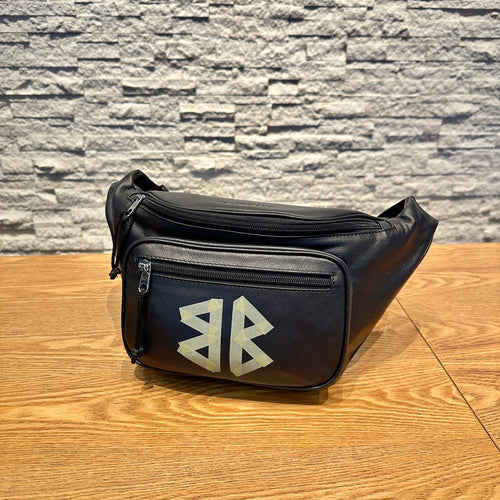 Men's leather belt bag with front zip pocket and geometric logo on front