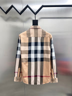 Back view of long-sleeve button-up shirt with beige and navy plaid check