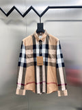 Long-sleeve button-up shirt in beige, navy, white and plaid check pattern