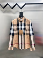 Long-sleeve button-up shirt in beige, navy, white and plaid check pattern