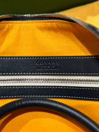 Goyard duffel bag close-up of front zipper and embossed logo on dark trim