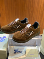 Brown suede low-top sneakers, lace-up with check panel and logo patch on tongue