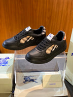 Black leather low-top sneaker with Burberry plaid side panel and blue horse logo