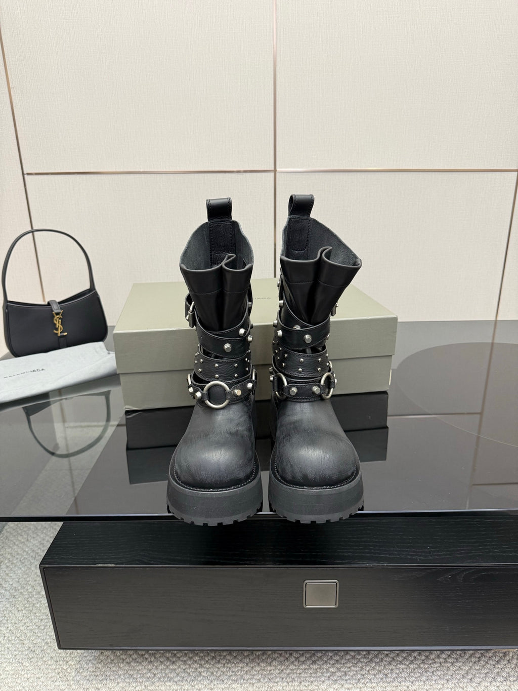 Balenciaga black studded ankle boots with buckles and wrap straps