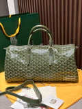 Goyard duffel bag in sage-green Goyardine canvas with top handles and front buckles
