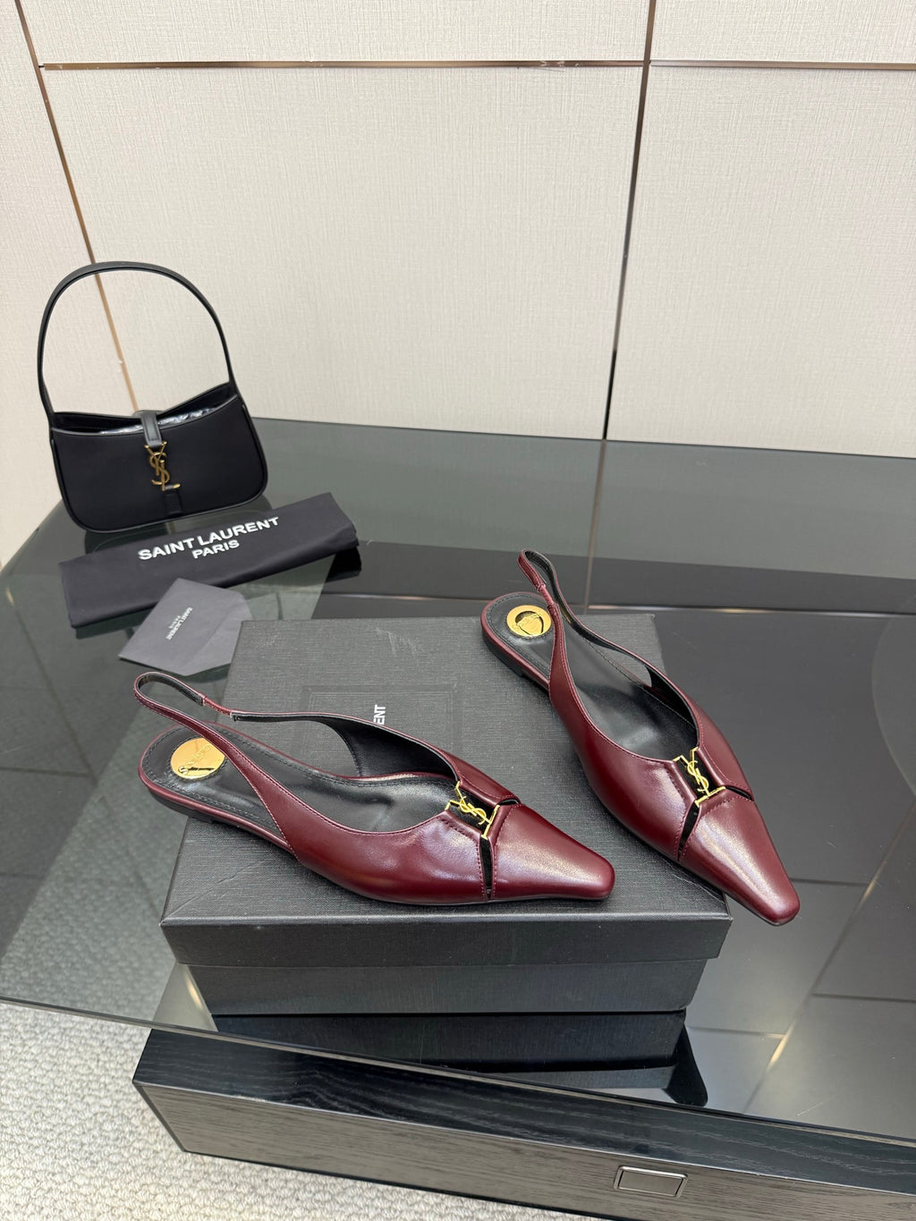 Women's YSL slingback flats, burgundy leather look, low heel and gold strap