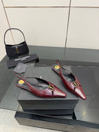 Women's YSL slingback flats, burgundy leather look, low heel and gold strap