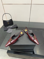 Women's YSL slingback flats, burgundy pointed toe with gold-trim sling strap