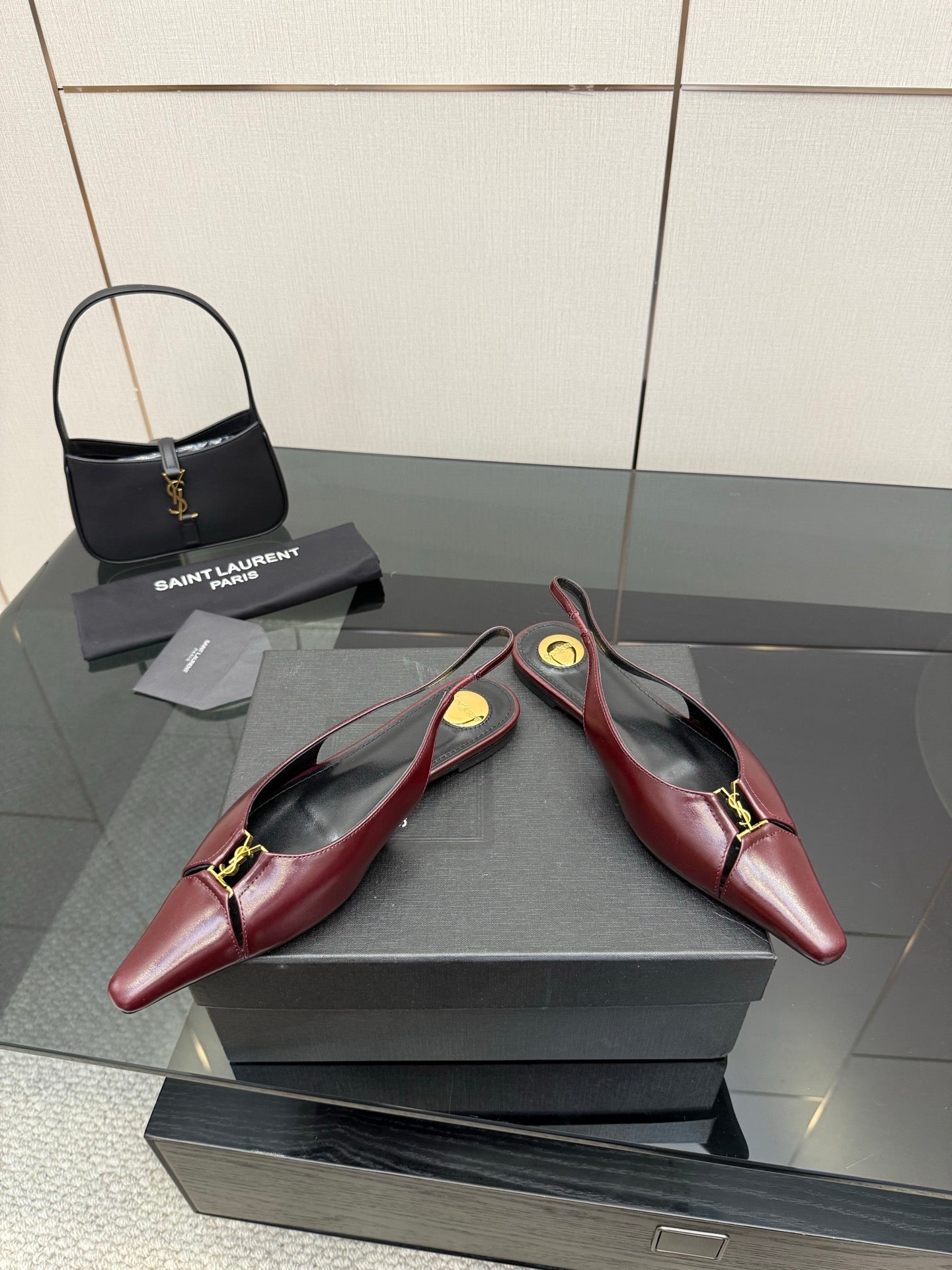 Women's YSL slingback flats, burgundy pointed toe with gold-trim sling strap