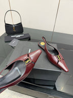 Women's YSL slingback flats, burgundy pointed toe with gold hardware and sling