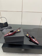 Women's YSL slingback flats, burgundy pointed toe, low profile heel and gold hardware