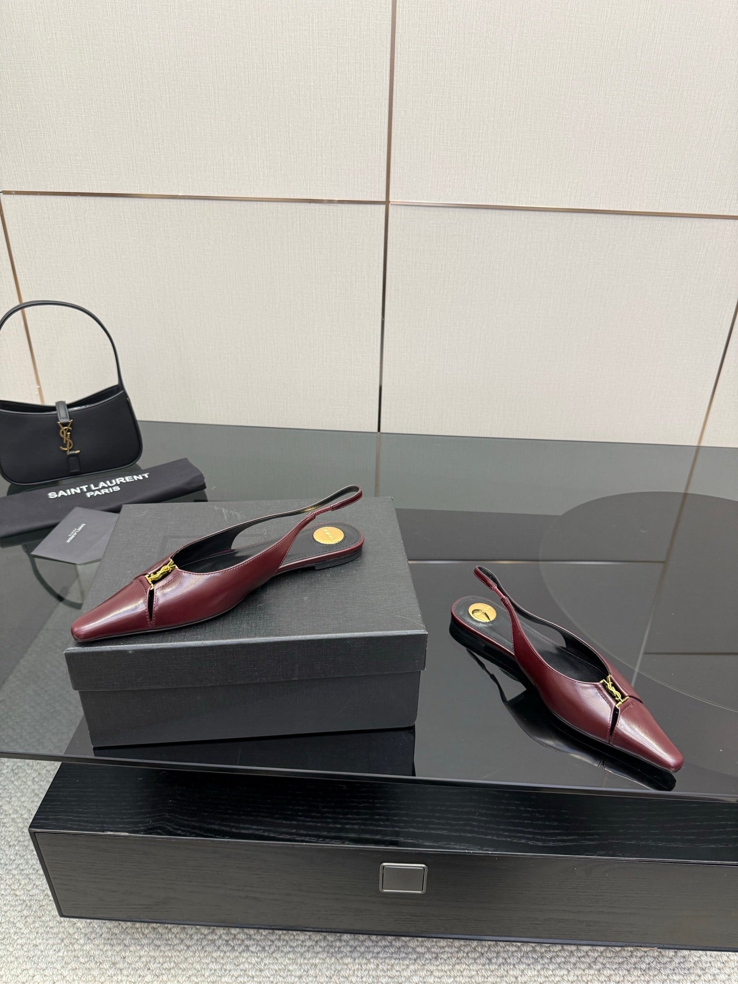 Women's YSL slingback flats, burgundy pointed toe, low profile heel and gold hardware