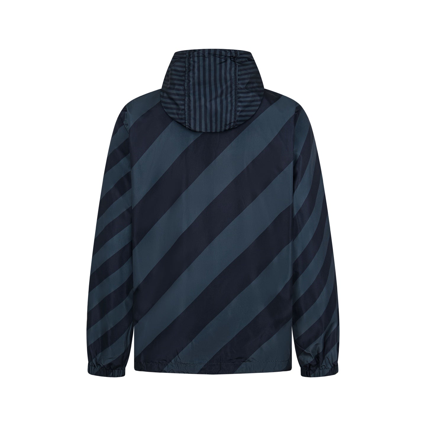 Fendi long hooded jacket with dark blue diagonal stripes and elastic cuffs