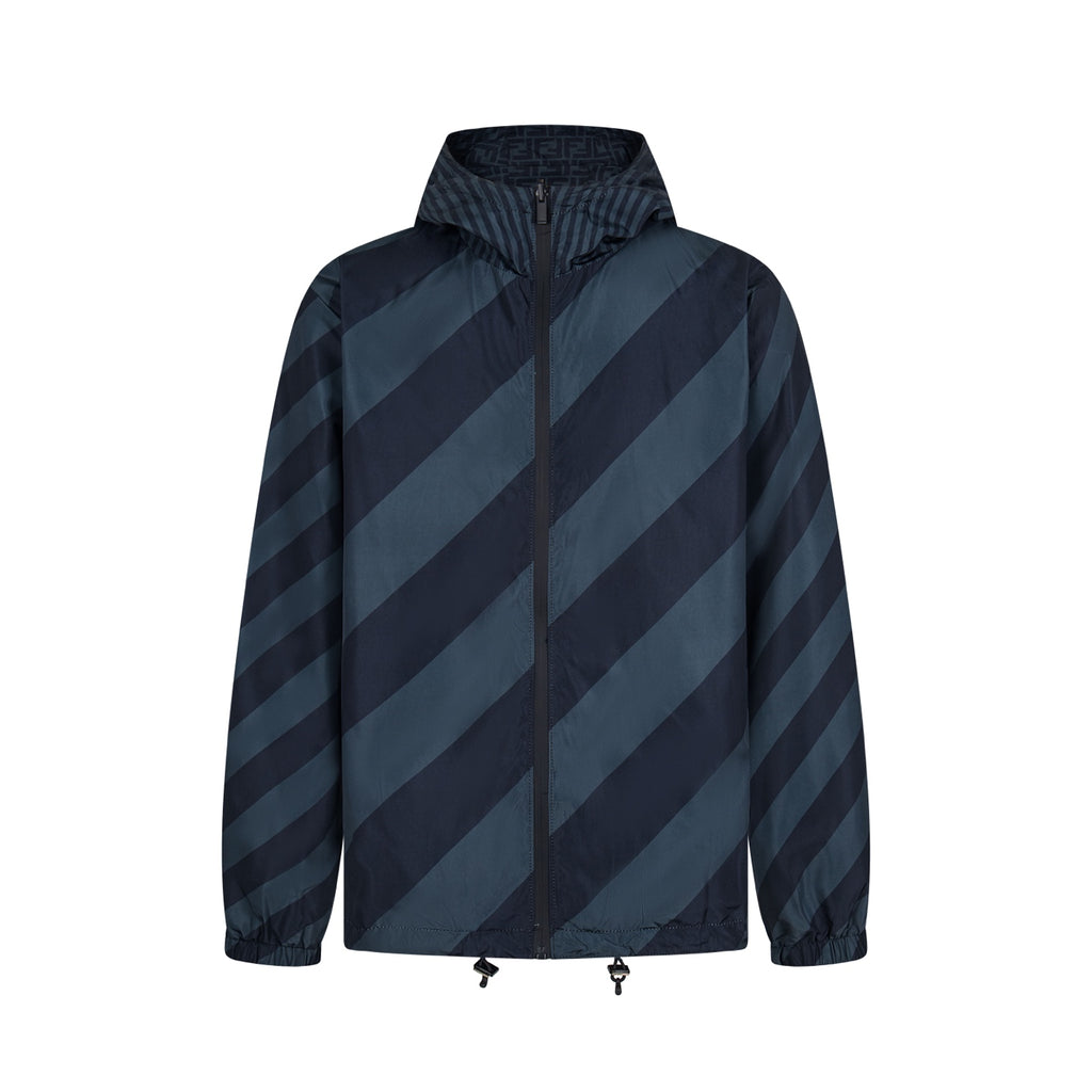 Fendi long hooded jacket in dark blue with diagonal stripe pattern and zip front