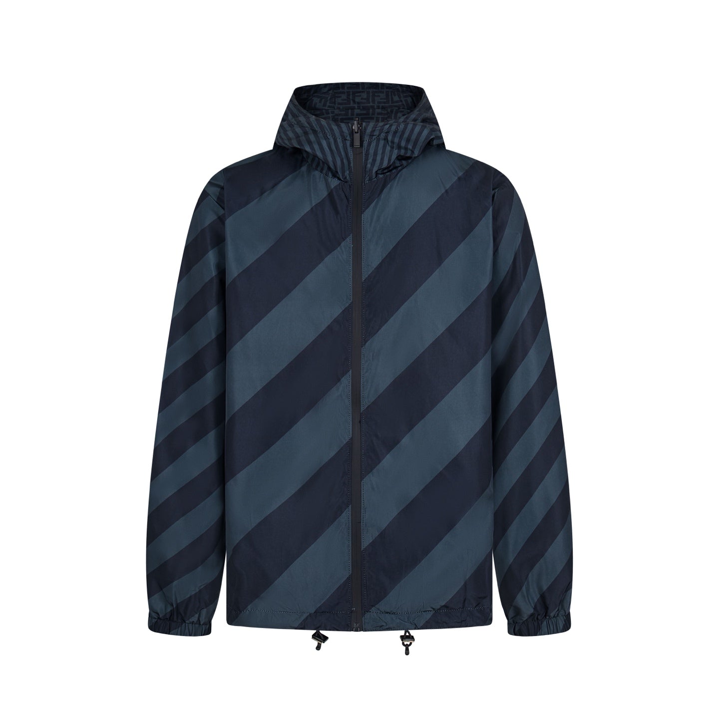 Fendi long hooded jacket in dark blue with diagonal stripe pattern and zip front