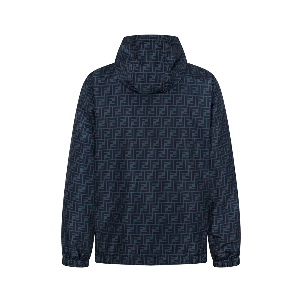 Fendi hooded windbreaker in dark blue with FF monogram, elastic cuffs