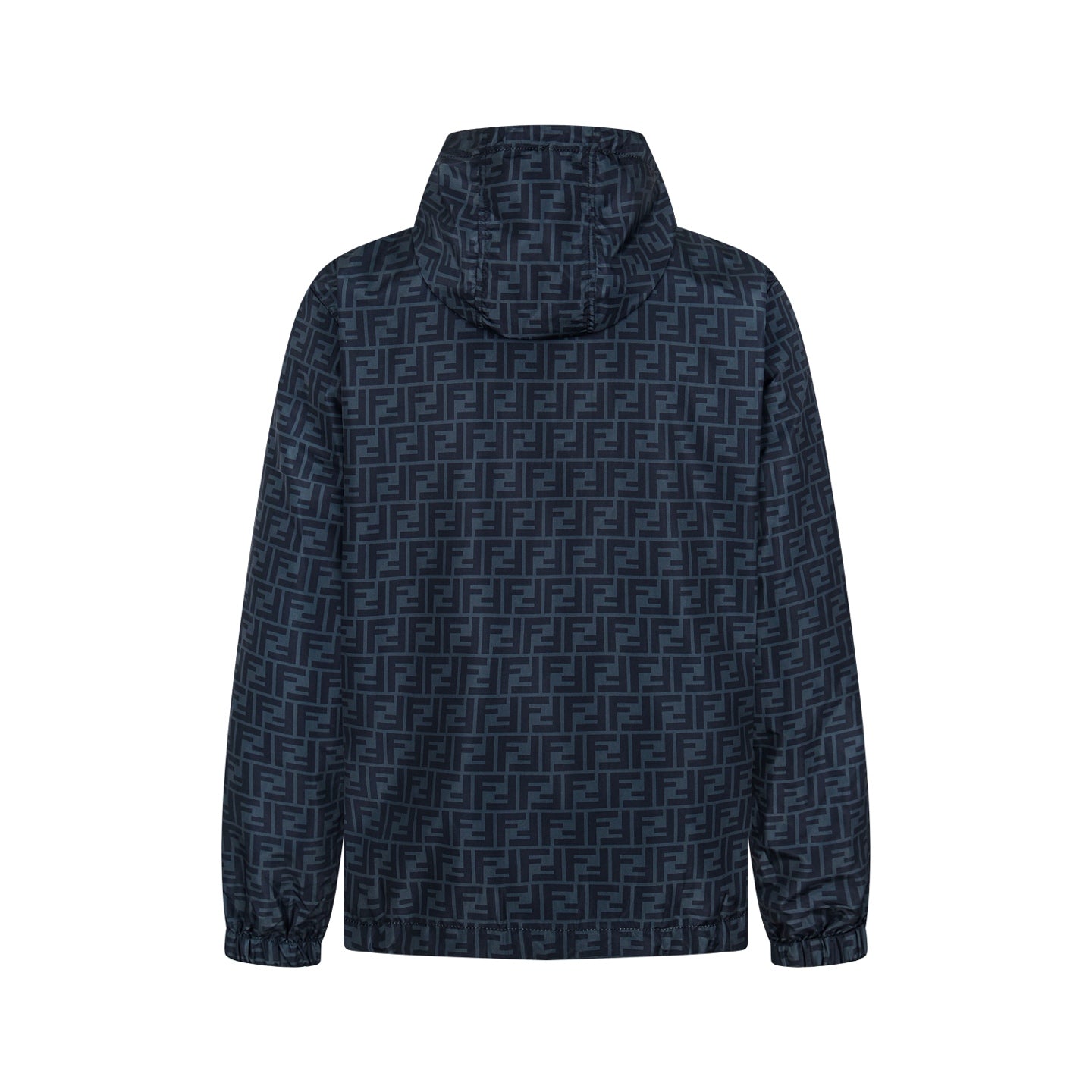 Fendi hooded windbreaker in dark blue with FF monogram, elastic cuffs