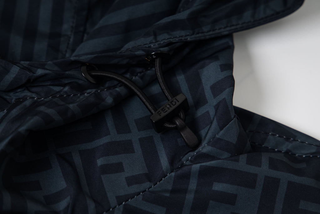 Fendi hooded windbreaker neckline with pull tab and FF monogram fabric