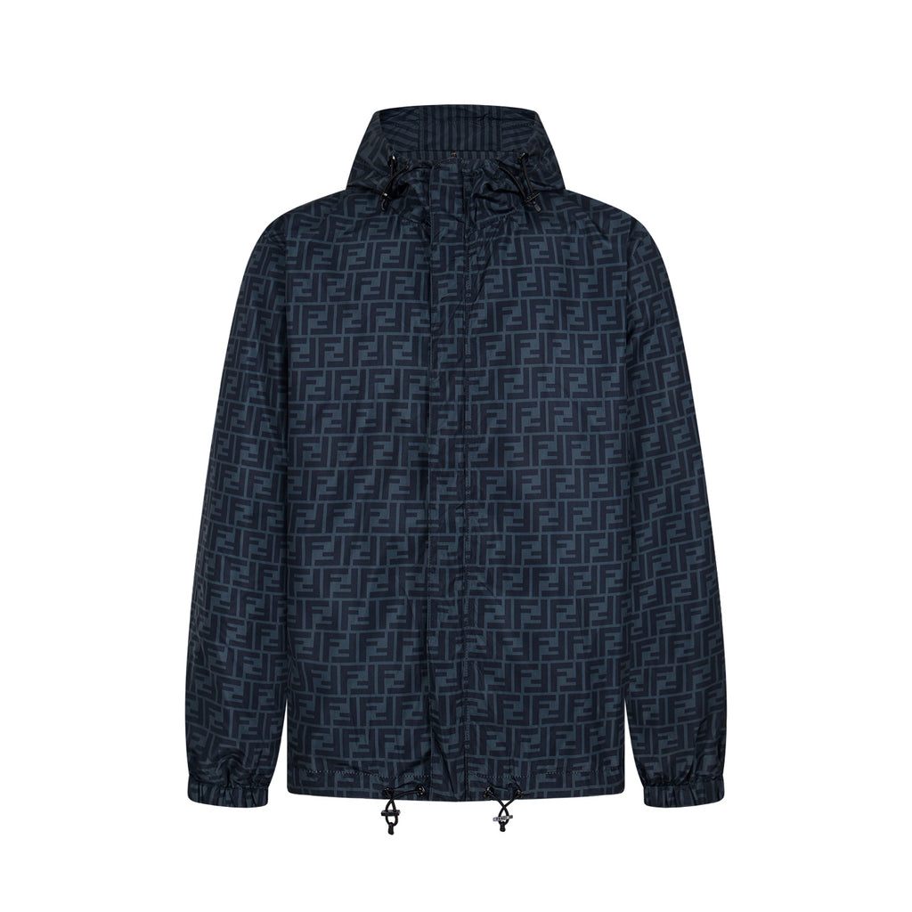 Fendi hooded windbreaker in dark blue with FF monogram and drawstring hem