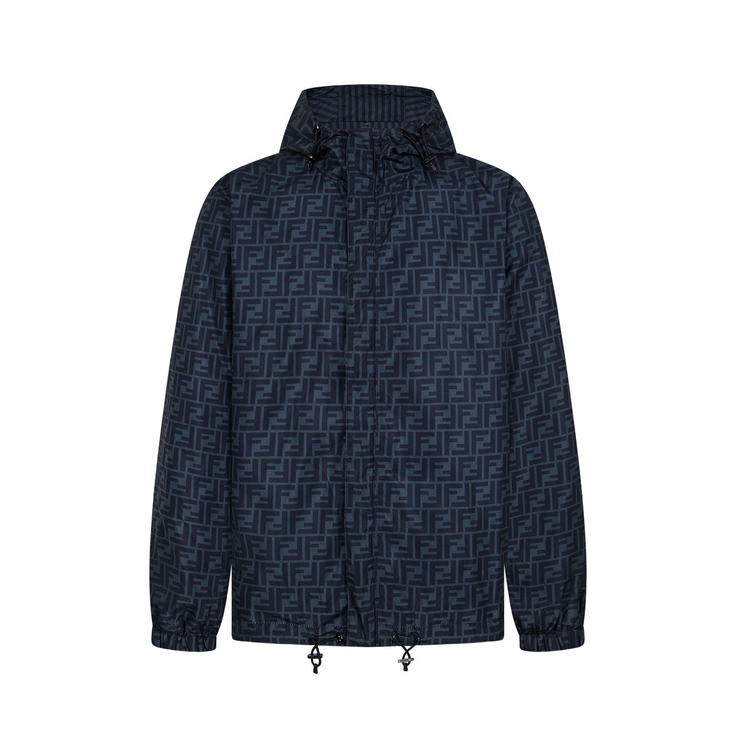 Fendi hooded windbreaker in dark blue with FF monogram and drawstring hem