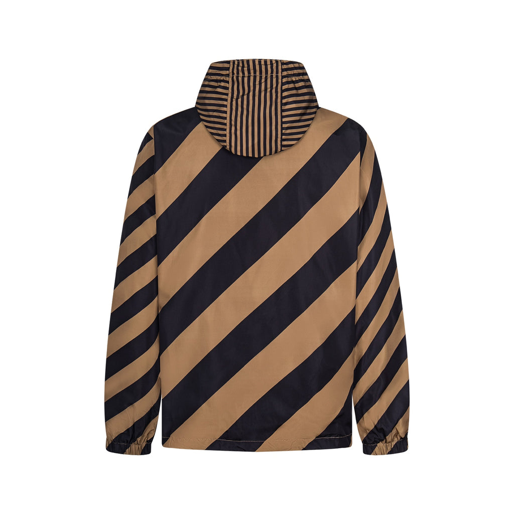 Fendi long jacket with navy and tan diagonal stripes on back, hood, full zip