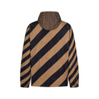 Fendi long jacket with navy and tan diagonal stripes on back, hood, full zip