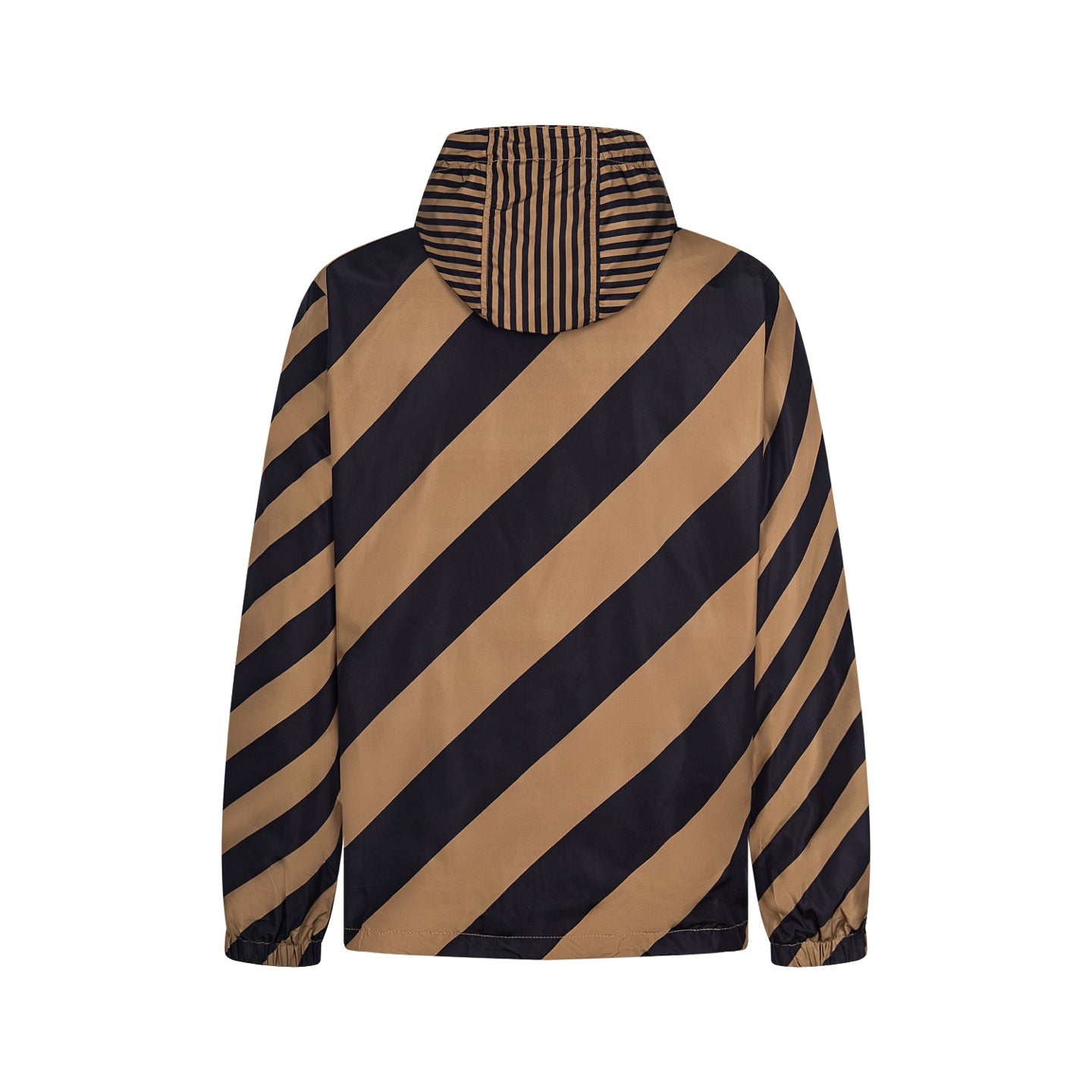 Fendi long jacket with navy and tan diagonal stripes on back, hood, full zip