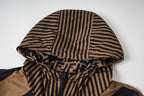 Fendi hood with tan and navy striped lining and gathered drawstring detail