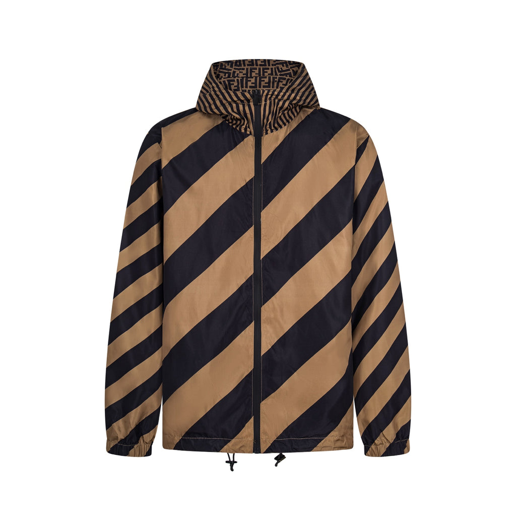 Fendi long jacket with navy and tan diagonal stripe print, full zip, hood