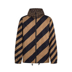Fendi long jacket with navy and tan diagonal stripe print, full zip, hood