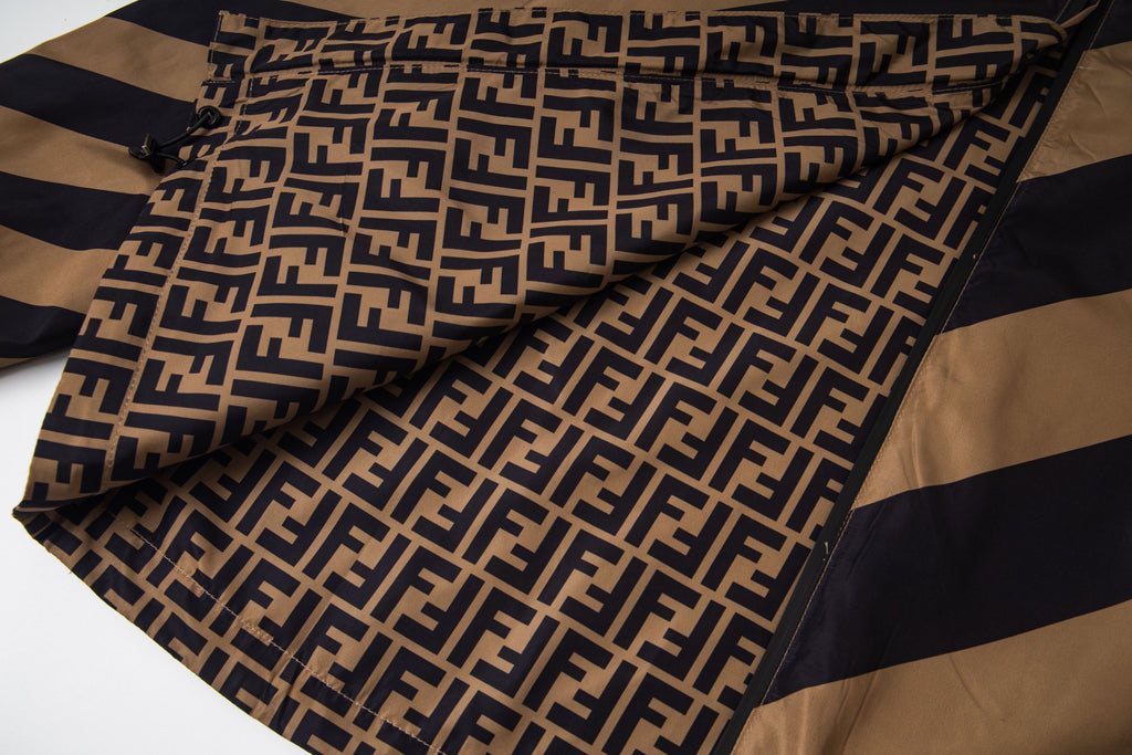 Fendi logo-pattern hood lining with diagonal tan and navy stripe outer panels