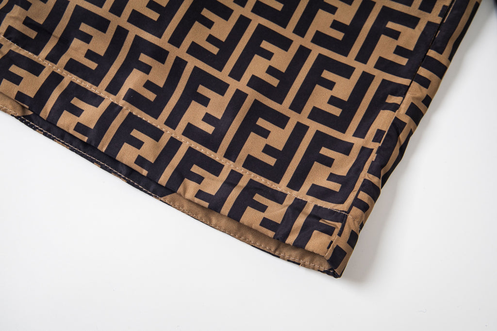 Fendi hooded jacket hem corner in FF monogram fabric with visible stitching