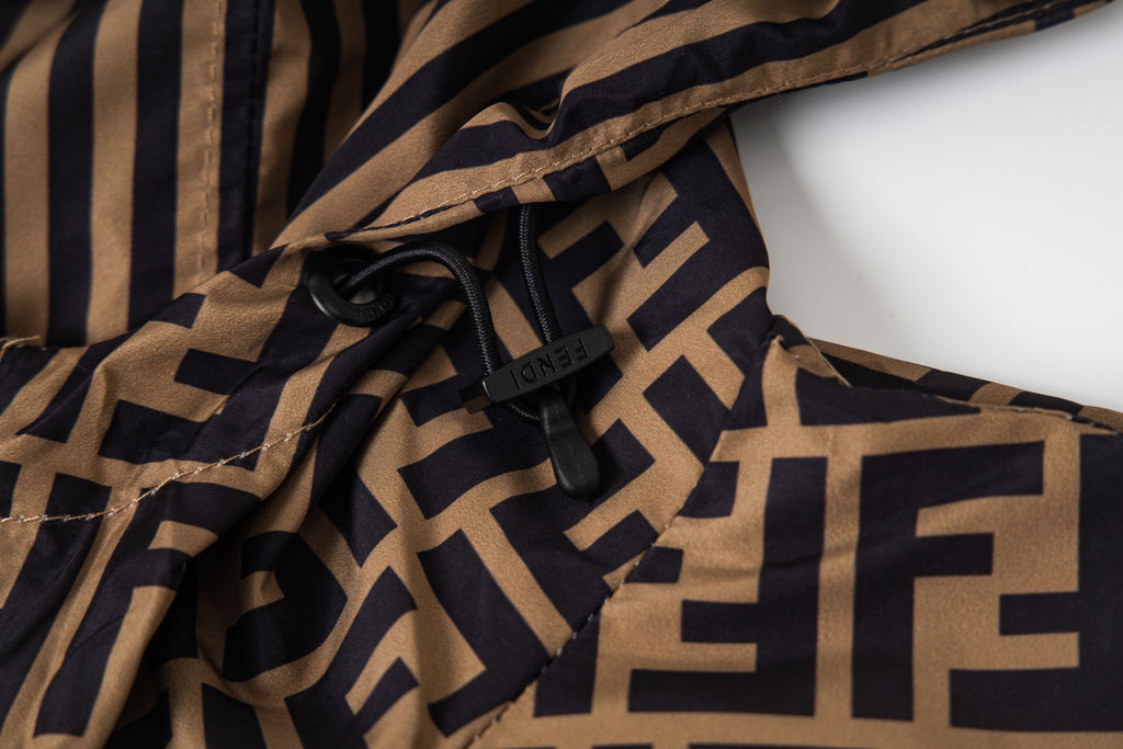 Fendi hooded jacket neckline detail with drawstring and FF logo pattern