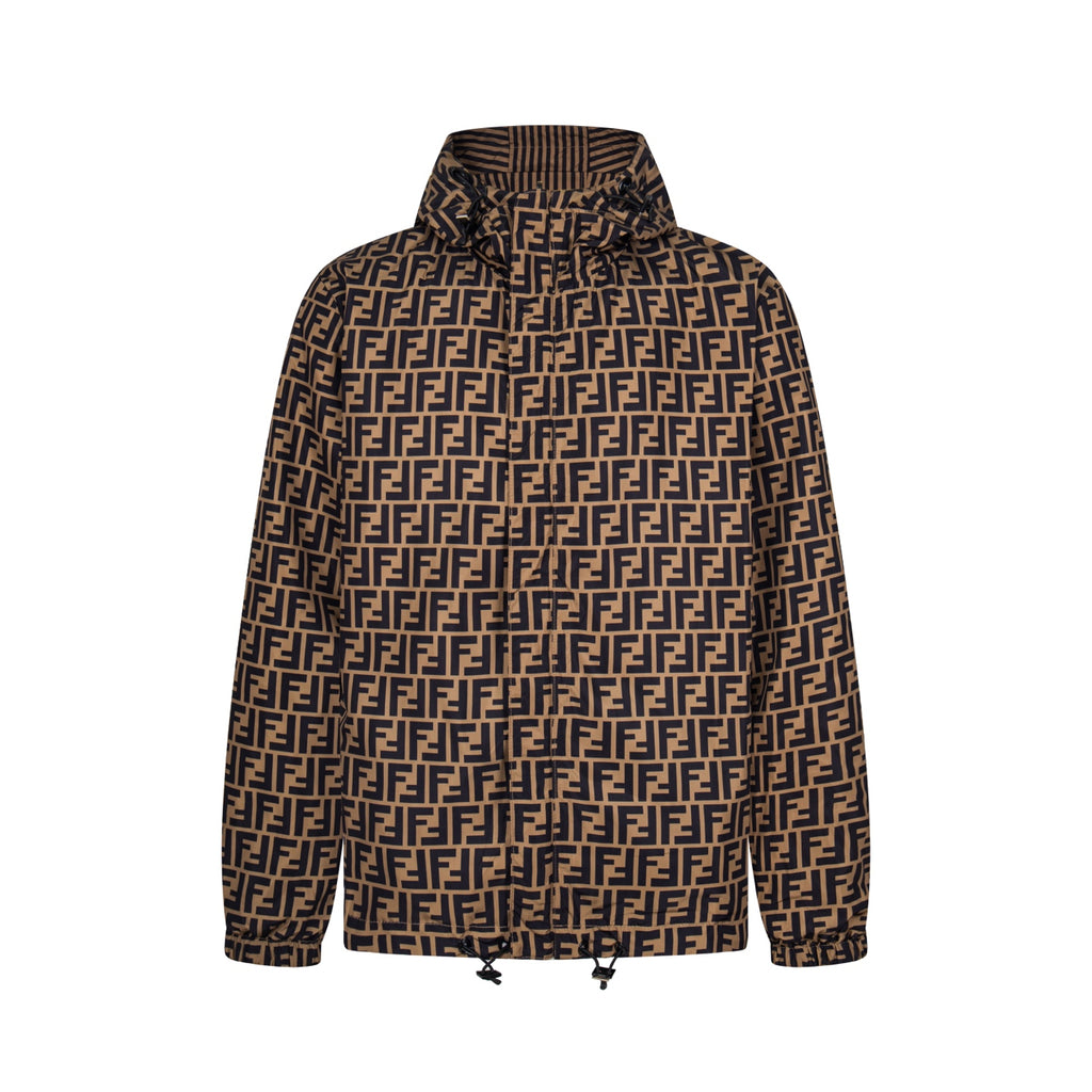 Fendi long hooded jacket with dark FF monogram pattern