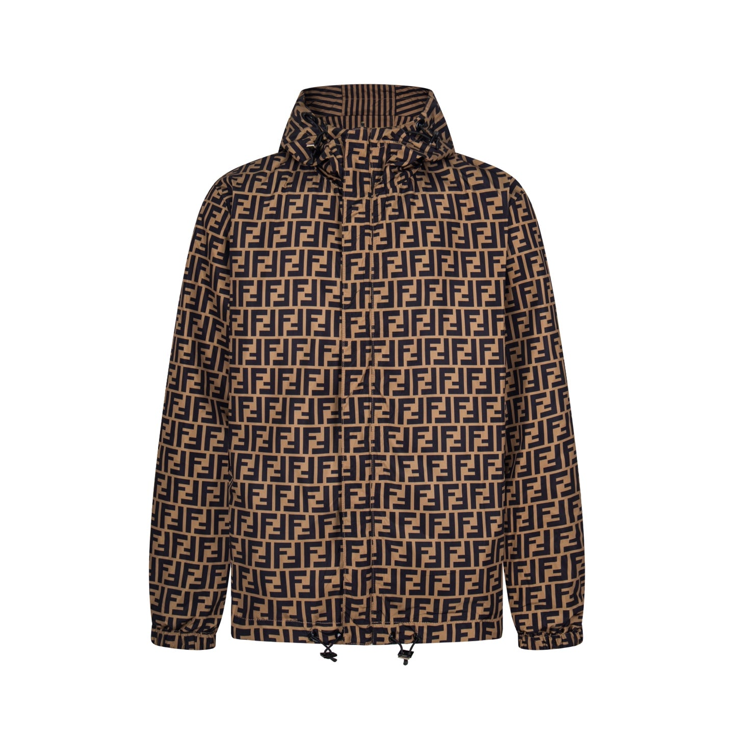 Fendi long hooded jacket with dark FF monogram pattern