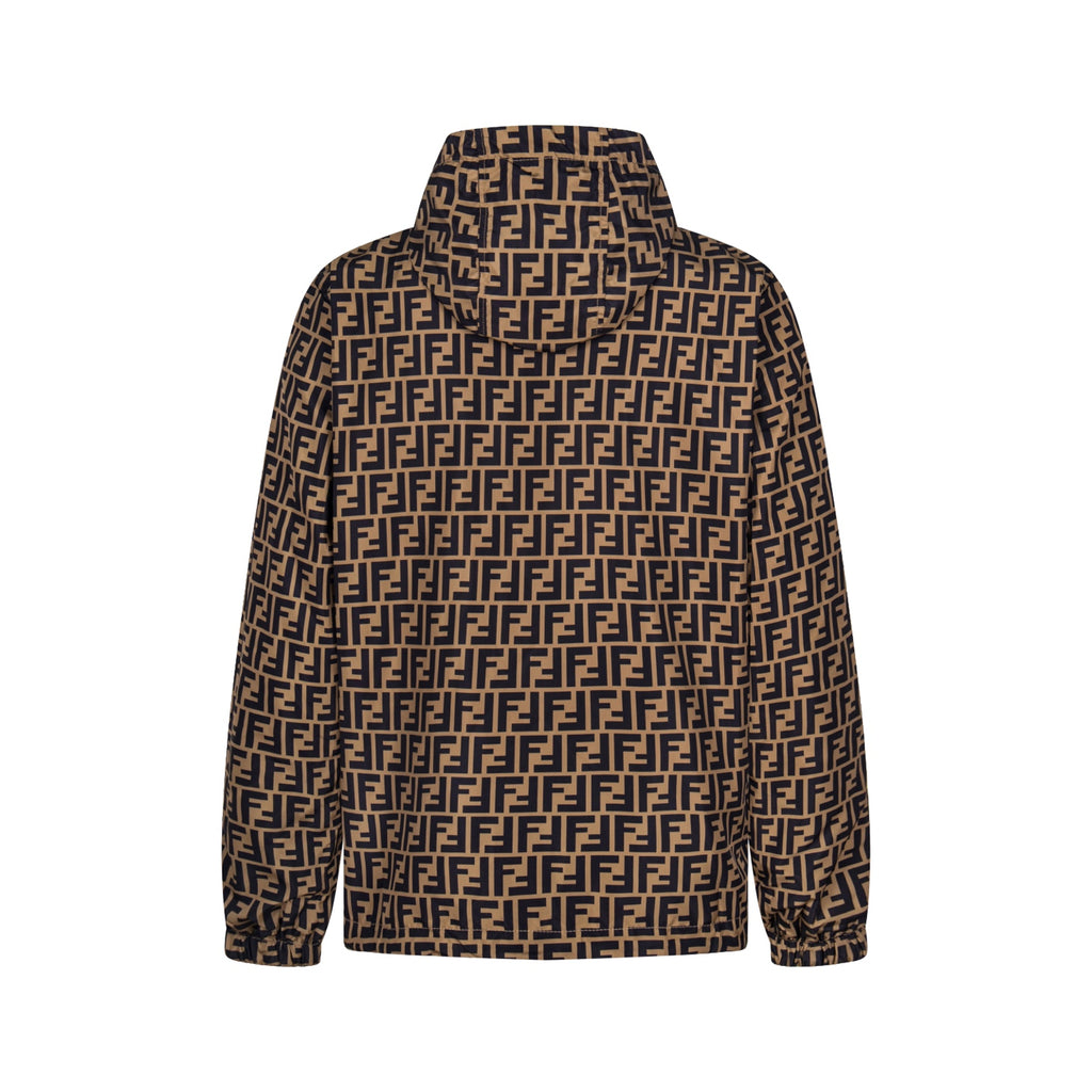 Fendi long hooded jacket in dark FF monogram pattern with front zip