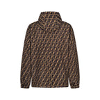 Fendi long hooded jacket in dark FF monogram pattern with front zip